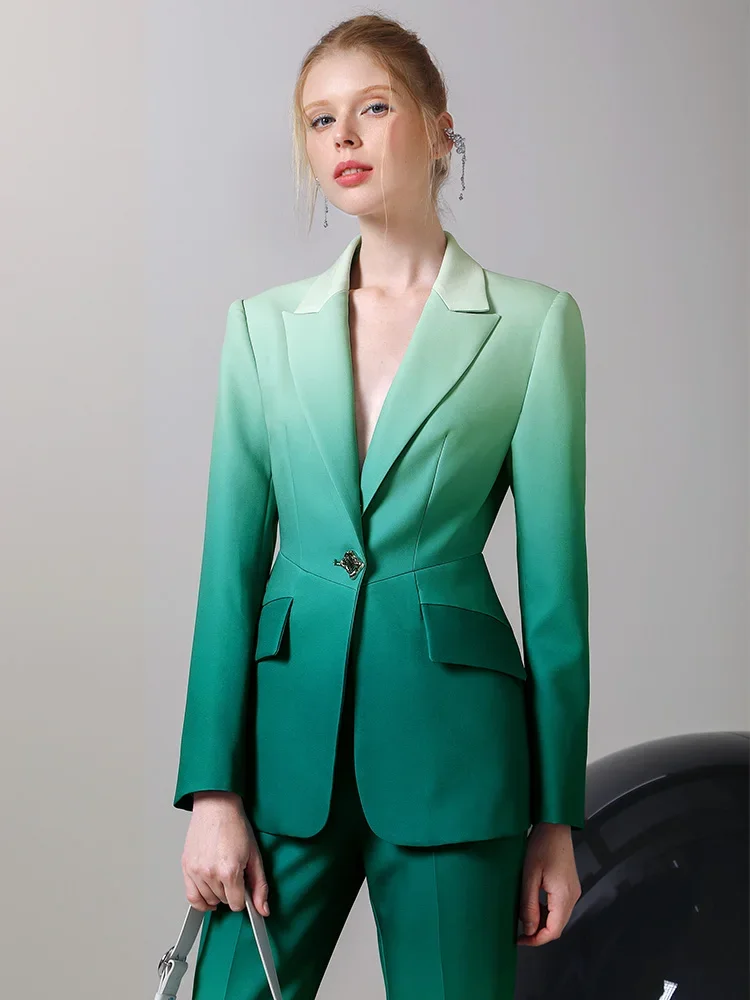 Women's High-End Gradient Business Suit  Spring/Autumn Elegant Texture Blazer Jacket High Waist Wide Leg Pants Two Piece Set