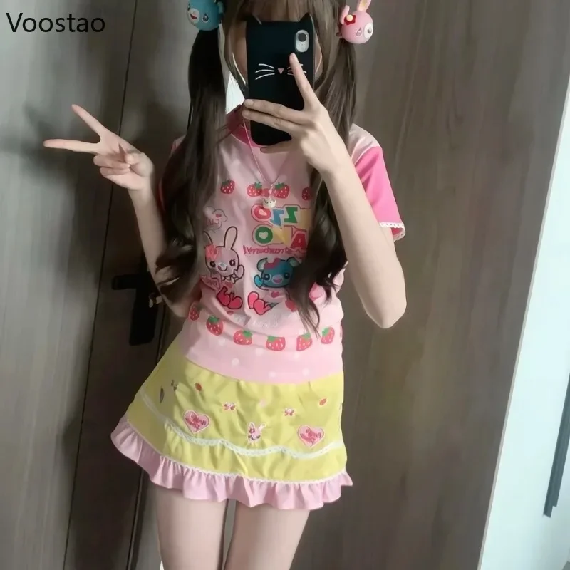 

Japanese Kawaii Lolita Style Skirt Sets Women Y2k Aesthetic Cartoon Bunny Print T-Shirt Cute Embroidery Sweet Mini Skirt Outfits