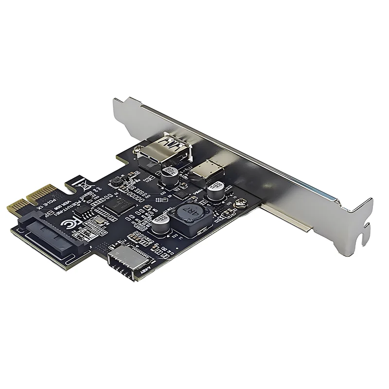 PCIE kartu ekspansi tipe-e, USB 3.0 + Tipe C + kartu ekspansi dengan daya SATA NEC720201 pengontrol Chip PCI Express X1 USB3.2 GEN1 5G