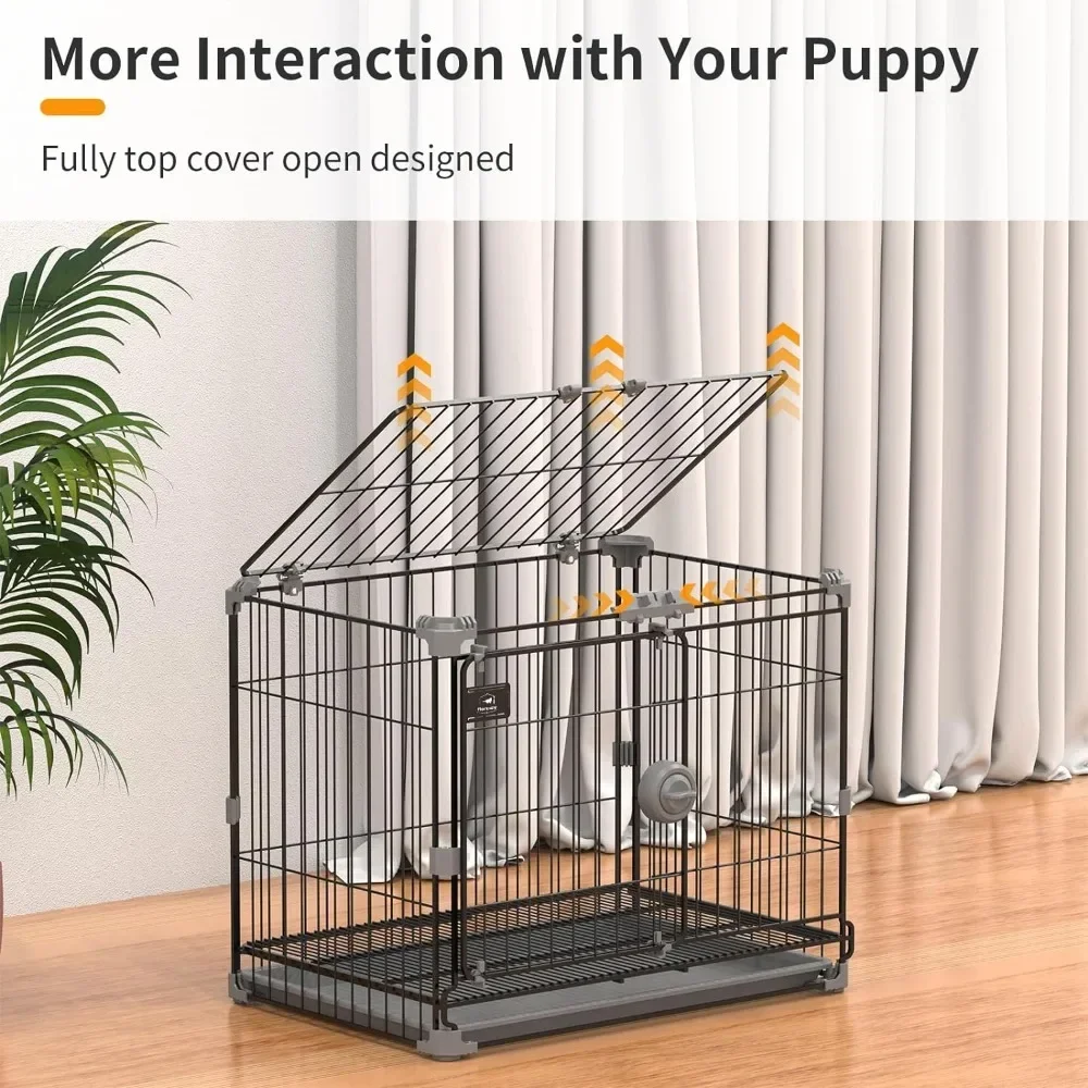 Black thick metal indoor wire cage with double doors and detachable tray, suitable for small dogs weighing less than 25 pounds