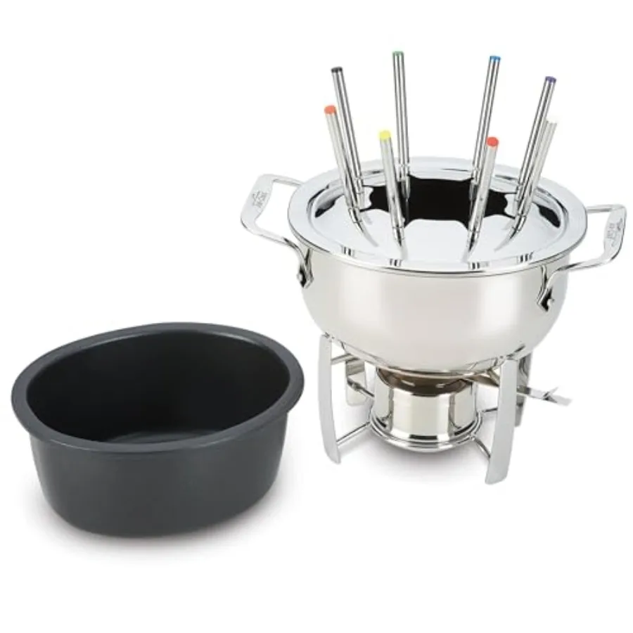 Specialty Stainless Steel Fondue Set 12 Piece Cookware Pots and Pans Silver Color Durable Non-Stick Cooking Essential for Indoo