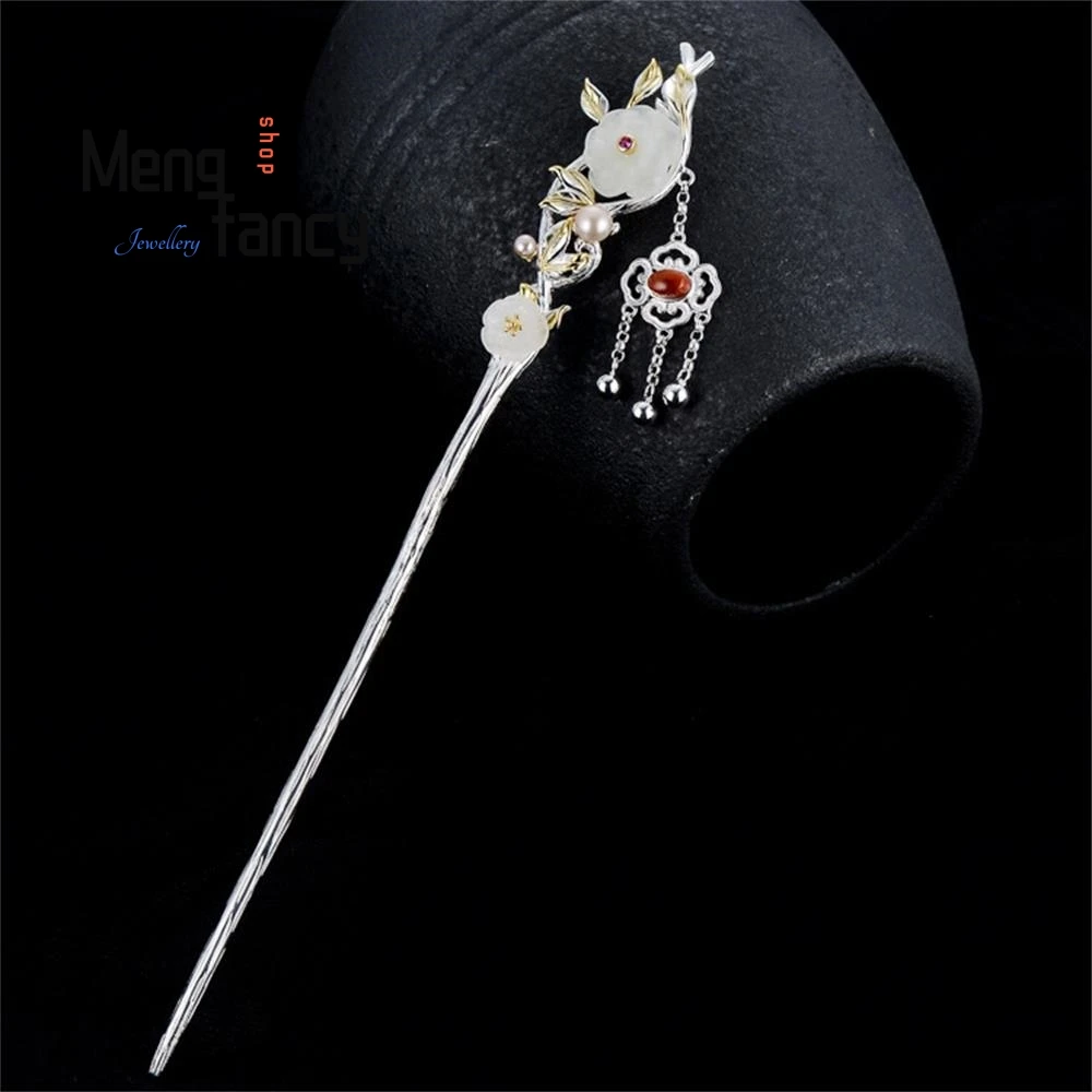 

Ancient Style Plum Blossom Silver-plated Tassel Hairpin Female Hetian Jade Exquisite High-grade Elegant Headgear Fashion Jewelry