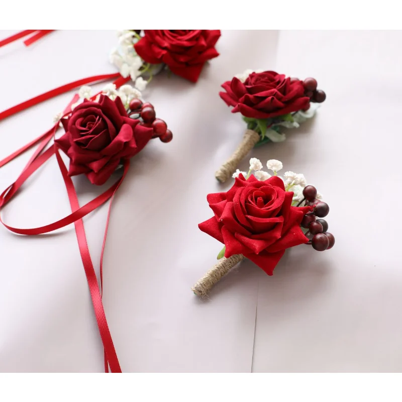 Rode Roos Kunstmatige Bloemen Pols Corsage Bruidsmeisje Boutonnieres Groomsman Bruiloft Accessoires