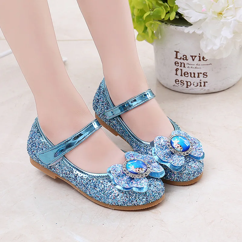 

Disney Frozen Princess Elsa Cartoon Soft Sole Sandals Baby Girl Princess Shoes Crystal Shoes Children Flat Girl Leather Shoes