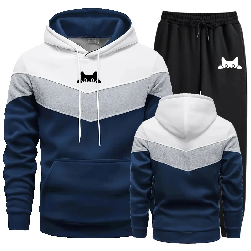 

Cute Cat Printed Mens Tracksuit Sports Suit Sports Hoodie+Pants 2 Pcs Suit Casual Sweatshirt Suit Jogging Mens Splicing Clothing
