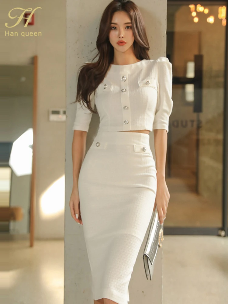 H Han Queen Hot Sale Spring White 2 Pieces Set Women Short Tops + High Waist Pencil Skirts Casual Simple Office Lady Skirt Suit