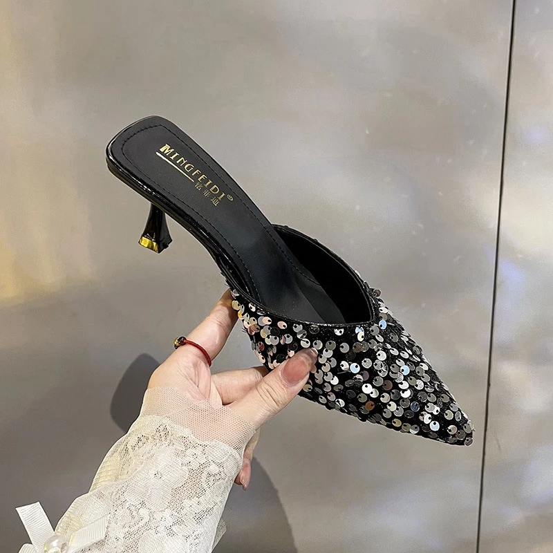 

2026New summer model: trendy rhinestone half-slippers, closed-toe sandals, high-heeled slippers forwomen,fashionable thin-heeled