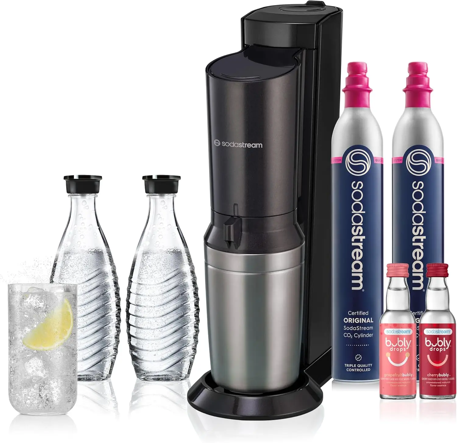 Aqua Fizz Sparkling Water Maker Bundle (Schwarz), mit Co2, Glaskaraffen und Sprudelgläsern