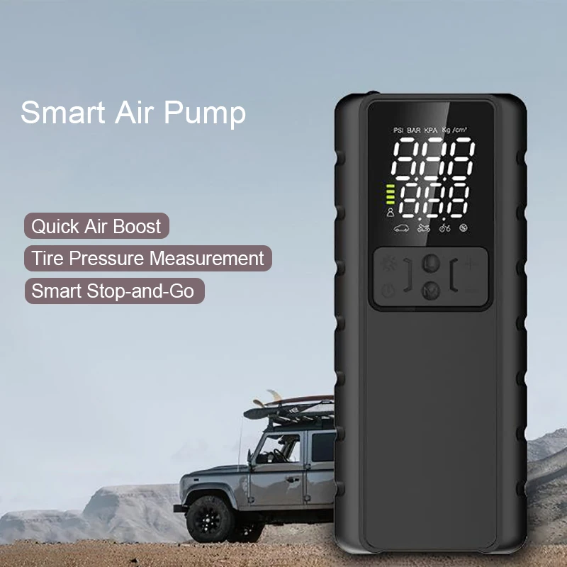

Портативный беспроводной воздушный насос с 5 режимами, двухрядным цифровым дисплеем, для накачивания шин автомобиля/дома, с функцией SOS-освещения и внешнего аккумулятора