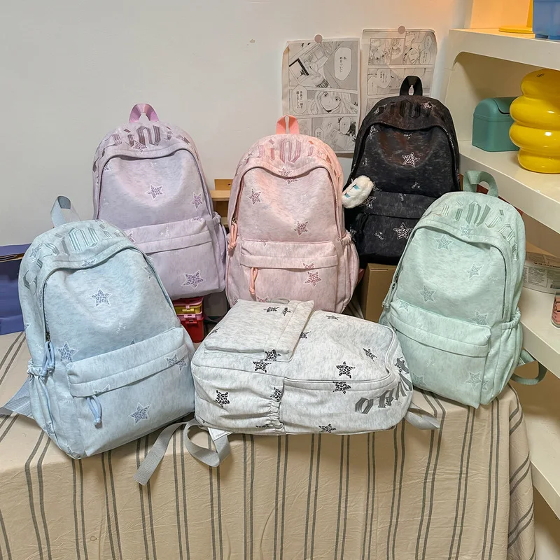 Vintage Washed Star Backpack for Women Cute Plush Pendant Large Capacity School Bag for Teen Girls College Students