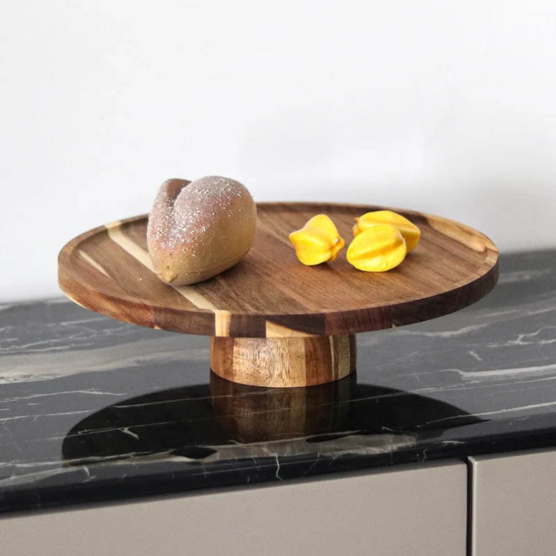Solid Wood Fruit Bowl Tall Footed Food Cup Cakes Snack Plates Candy Dessert Circular Dinner Plate Kitchen Tableware Decor Dish