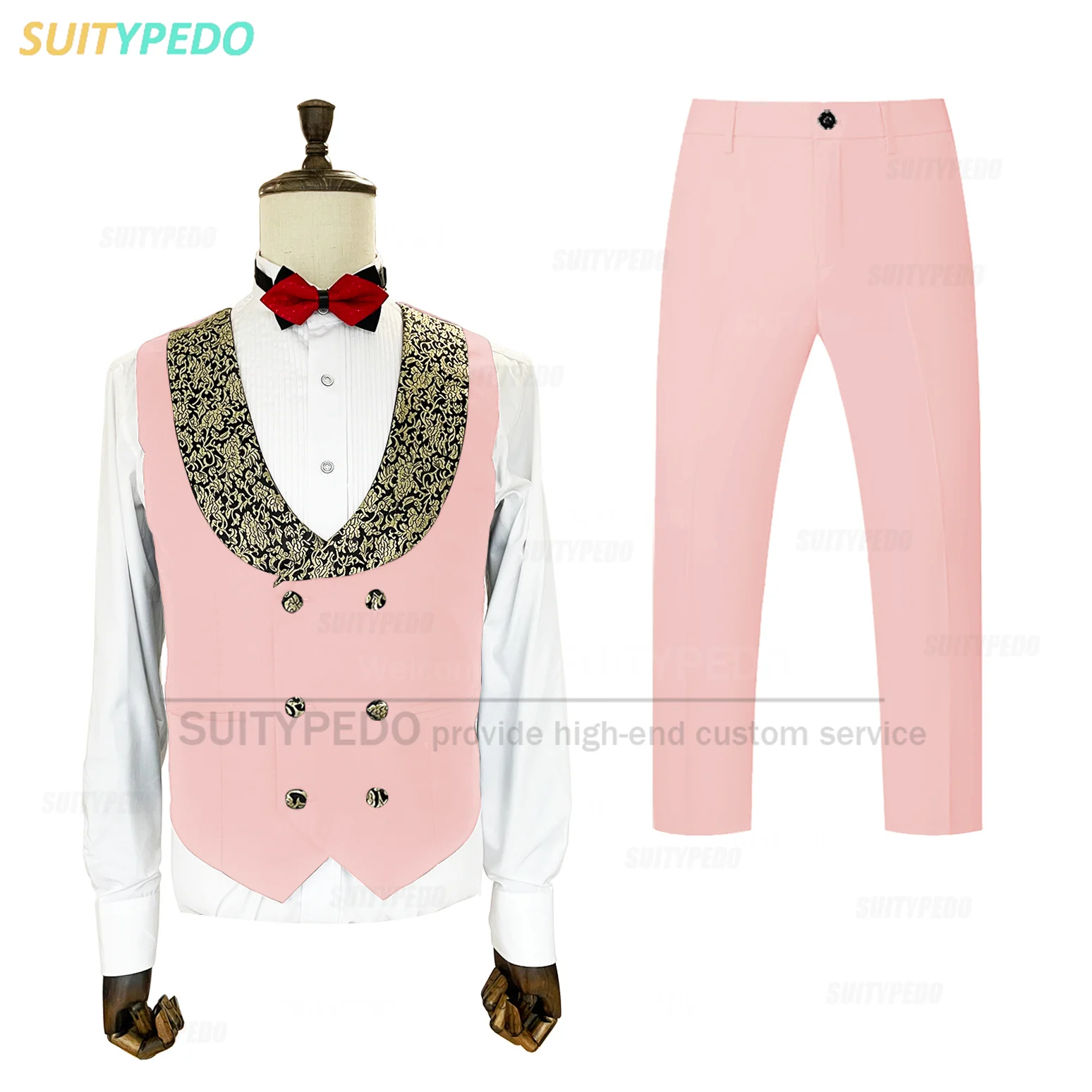 

Classic Pink Suit Set For Boys Piano Performance Tailor-made Children Formal Costumes Fashion Jacquard Lapel Vest Pants 2 Pieces