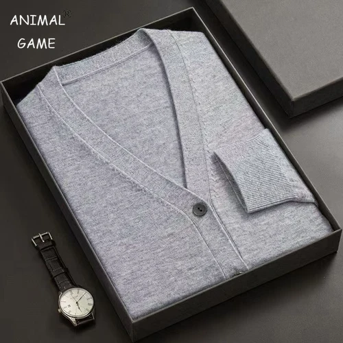 Imagen 1 del producto Nuevo cárdigan para hombre, abrigo con cuello en V, manga larga, suéteres de punto con botones, prendas de vestir exteriores gruesas de invierno de Color sólido ligero