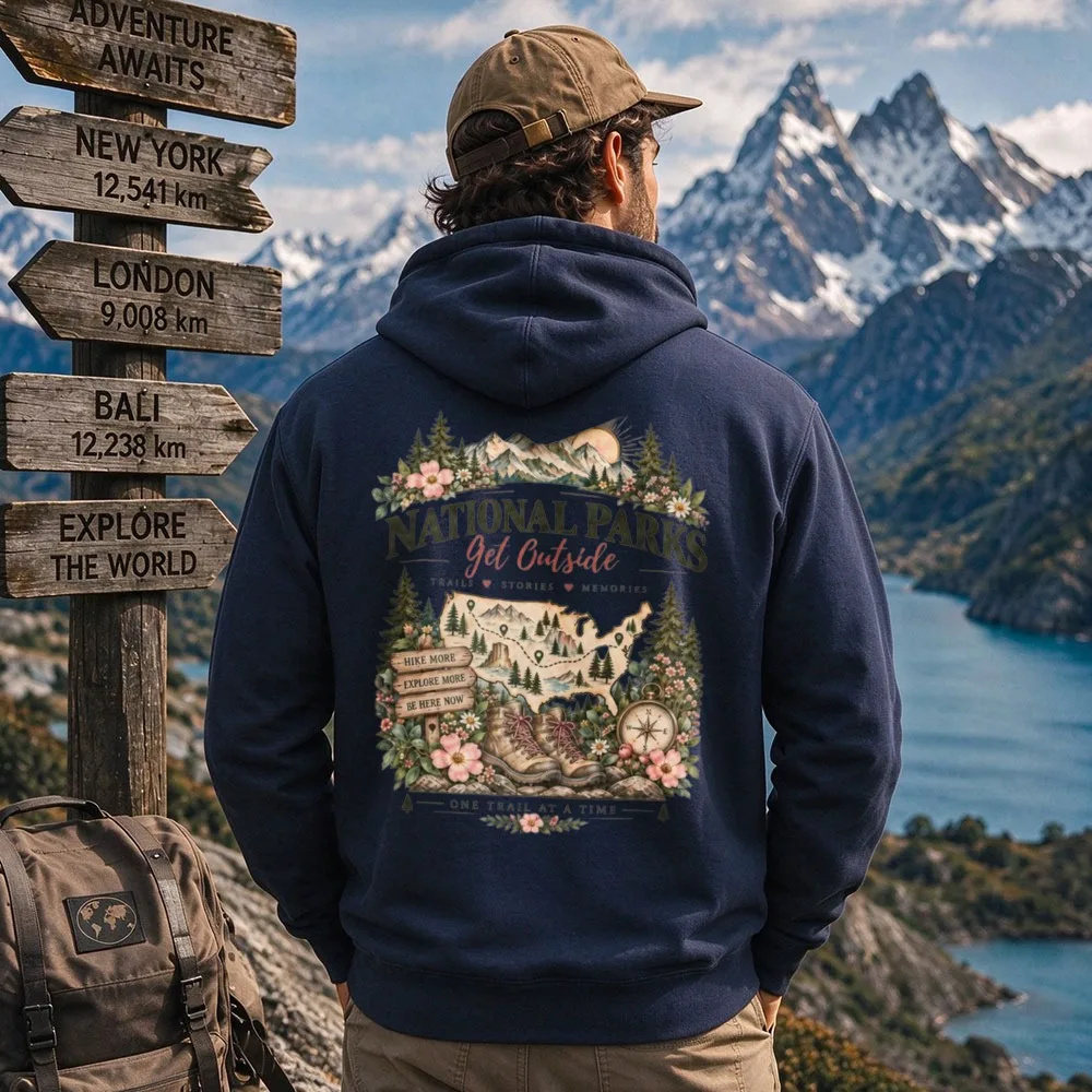 National Parks Get Outside Map Floral Graphic Hoodie Unisex Vintage Hiking Boots Compass Back Print Pullover Outdoor Camping Top
