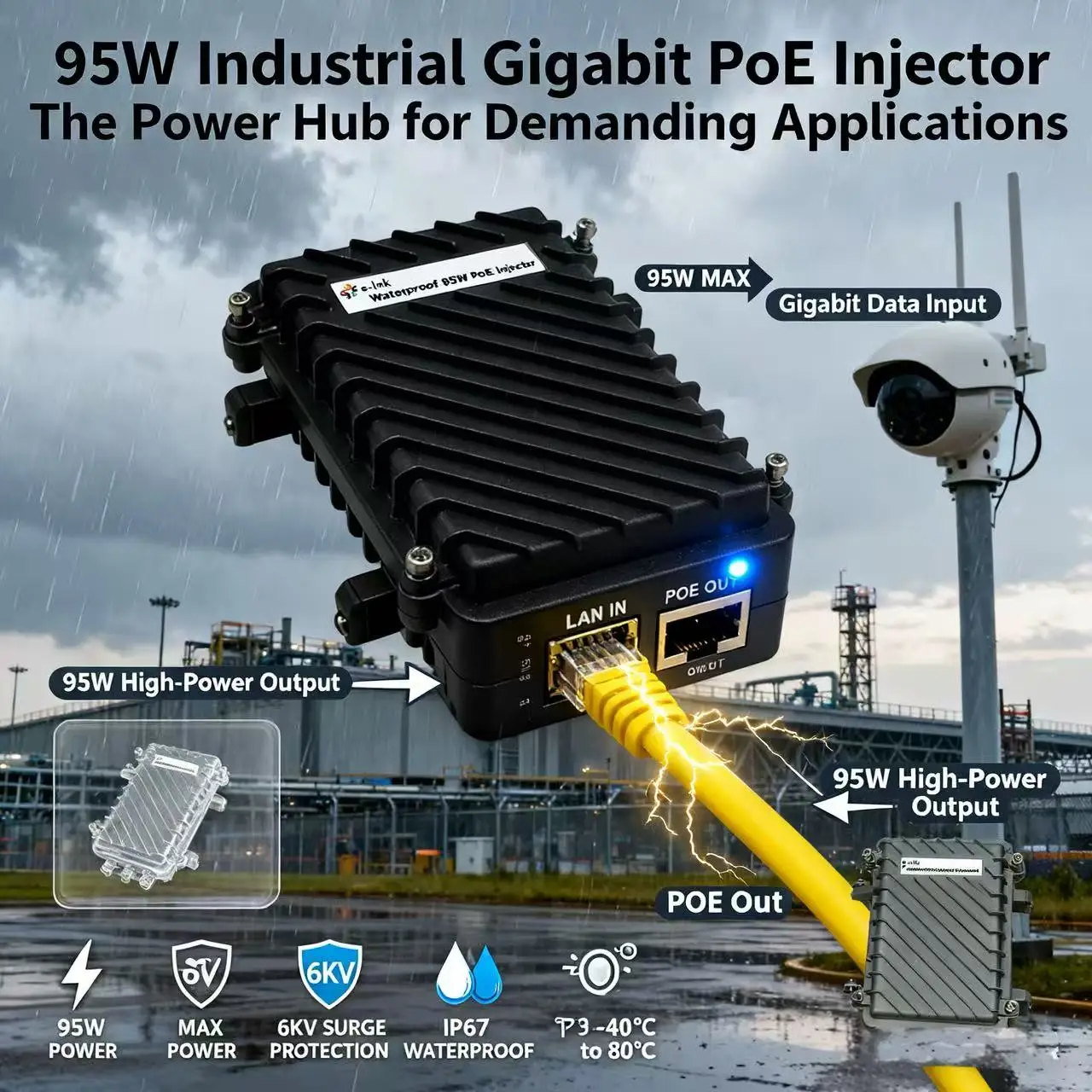 95W High-Power, Waterproof, 6KV Surge Protected Gigabit PoE Injector for Harsh Environments