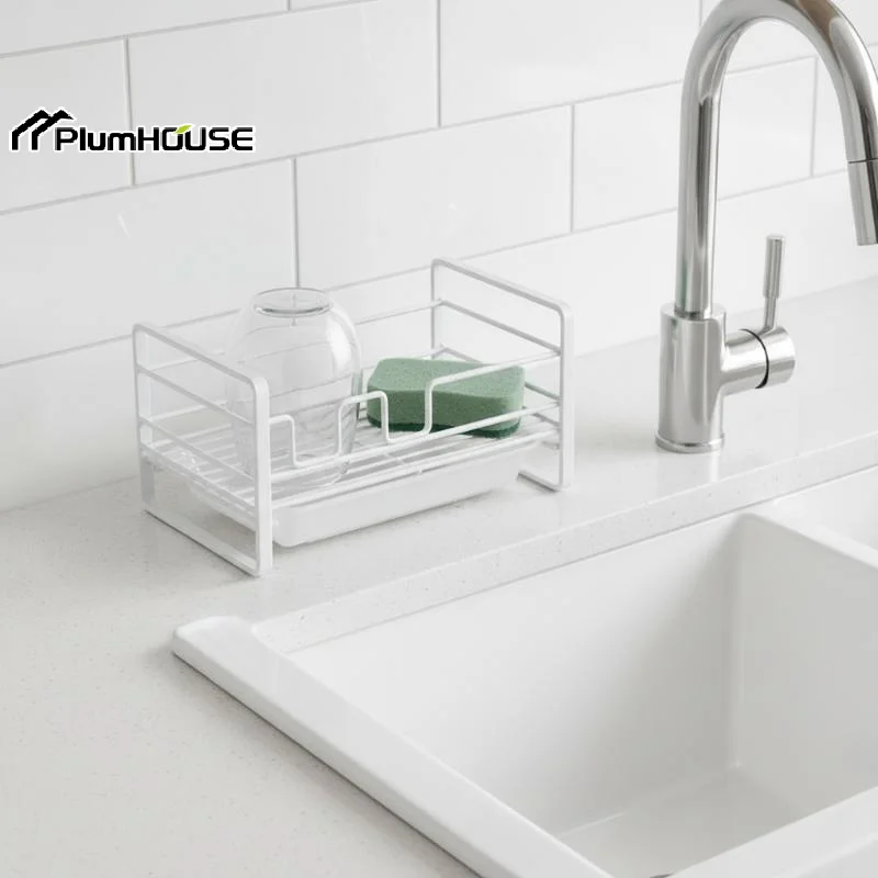 Rustproof Metal Kitchen Sponge Holder With Removable Drain Tray For Kitchen Sink Dish Scrubber Storage
