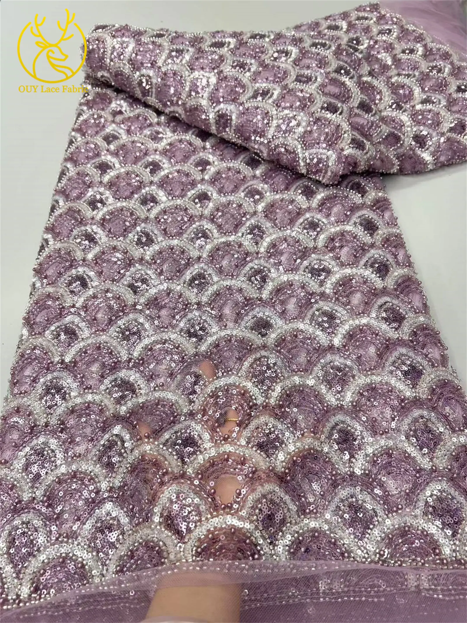 エメラルド高級アフリカビーズレース生地 20255 最新ナイジェリアフレンチスパンコールチュールレース生地 パーティードレス縫製用 5ヤード