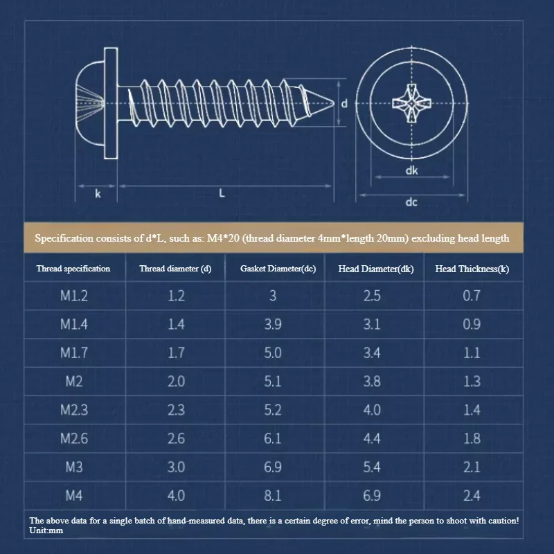 20~200pcs Nickel Plated Phillips Round Head Tapping Screws With Washers M1.2 M1.4 M1.7 M2 M2.3 M2.6 M3 M4