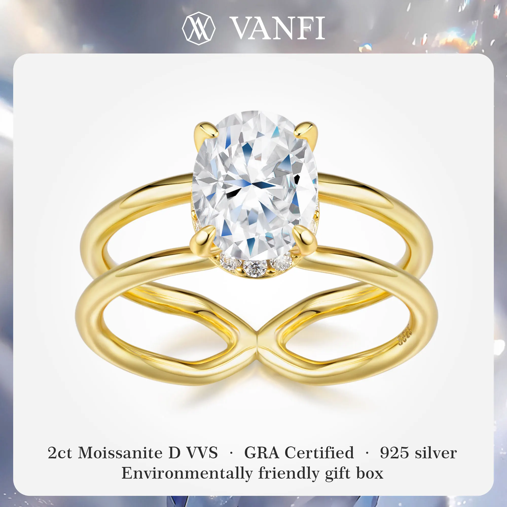 KFVANFI 2ct Moissanite Ring 925 Sterling Silver 18K Gold Plated GRA Certified Shiny Luxury Diamond Ring for Women Fashion Band