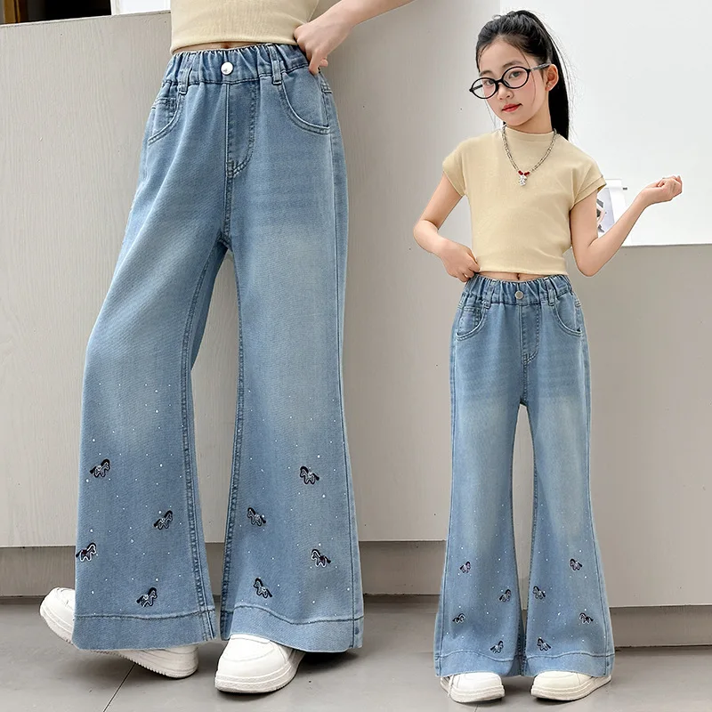 Children Flare Jeans With Cartoon Embroidery For Kids Girl Slim Sequin Trousers Teens High Waist Girl Boot Cut Denim Pants