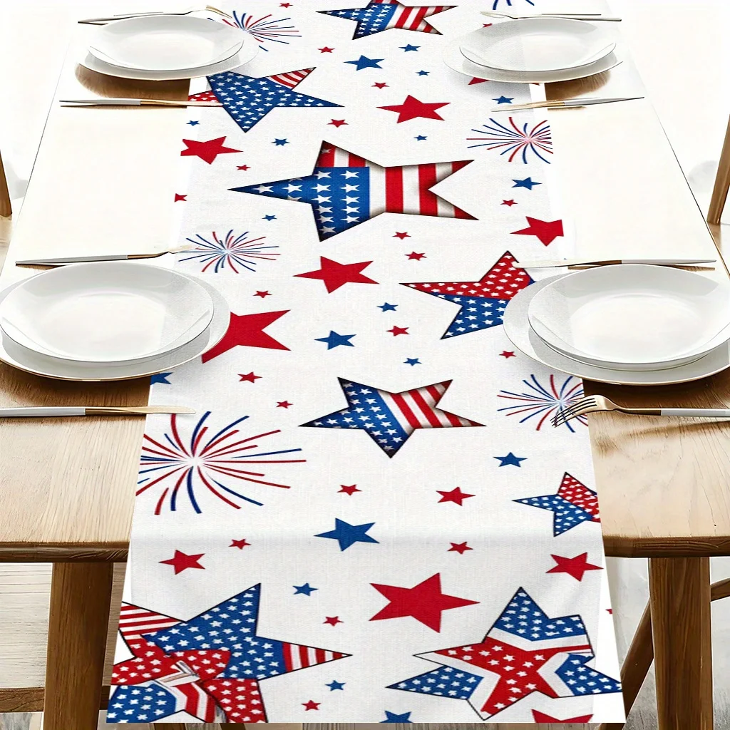 2D Printed Red White Blue Stars Table Flag, Polyester Tablecloth for Kitchen Dining Table, Party Festival Celebration Decoration