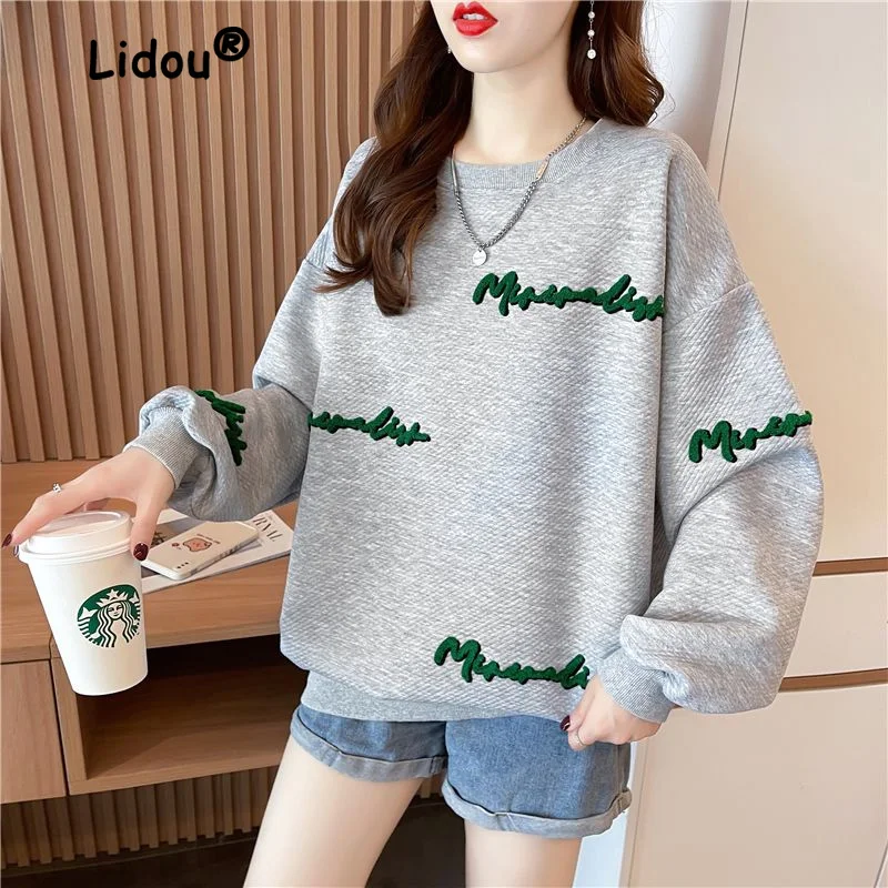 2022 New Casual Embroidery Letter Sweatshirts Women Classic Long Sleeve Loose Fashion O-collar Comfortable Pure Cotton Lady Top