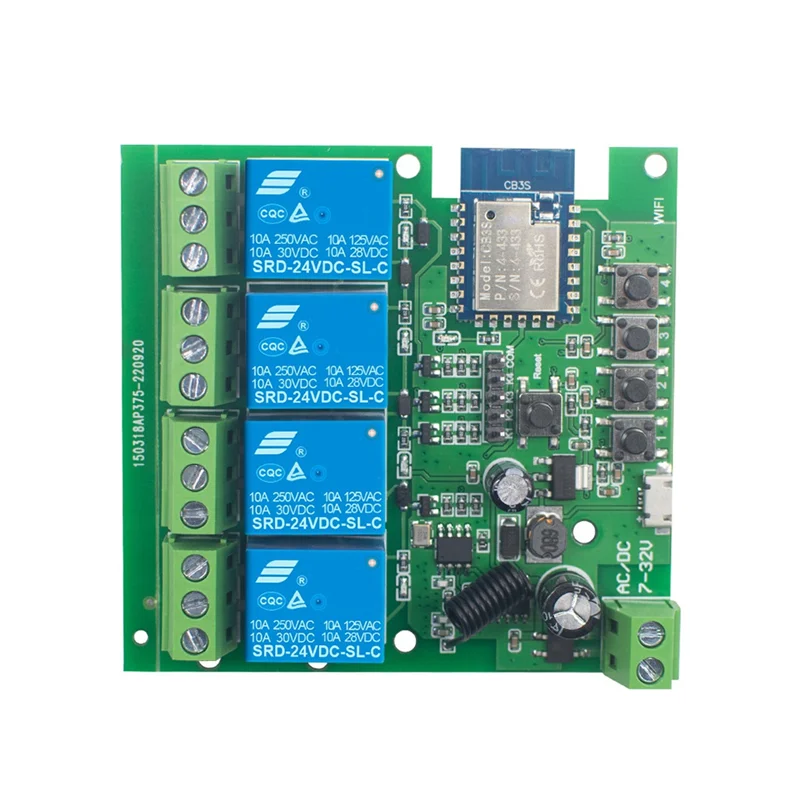 A32T-Wifi Wireless Switch Smart Module 4 CH DC7V-32V Inching Self-Lock RF433 10A Relay Smart Life Tuya APP Control