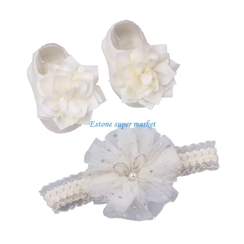 090B Lace Headband & Socks 0-1Y Newborn Bow Headdress Soft Elastic Infant Lace Bows