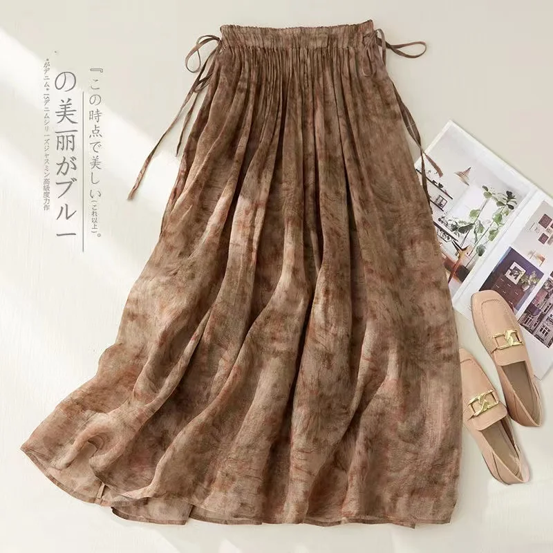 2024 New Summer Vintage Women Skirts Casual Floral Printed Long Skirts Elastic Waist Drawstring Female Loose Skirt Jupe Femme