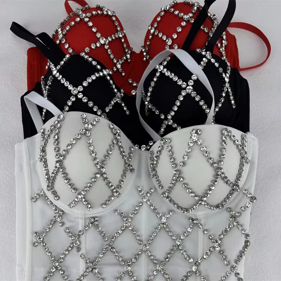 

Heavy Beading Fishbone Shaping Corset Gathering Bright Diamonds Outside The Wear Bra Nightclub Sprinkle Bar Stage Halter Suit