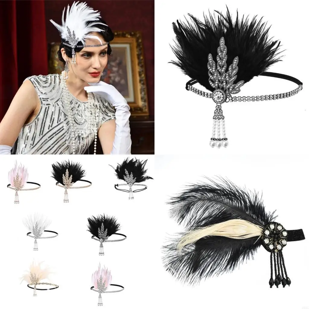 

39BC Elastic Hairband Rhinestones Feathered Hairband For 1920s Theme Party Cocktails Event Gathering Dressingup Headpiece