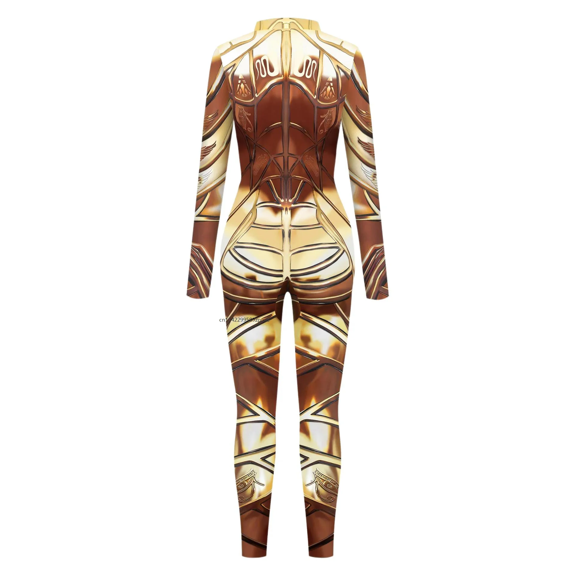 Nieuwe Vrouw Jumpsuit Punk Cosplay Kostuum Goud Egyptische Farao Sexy Voorkant Rits Zentai Bodysuits Halloween Party Outfit 2024