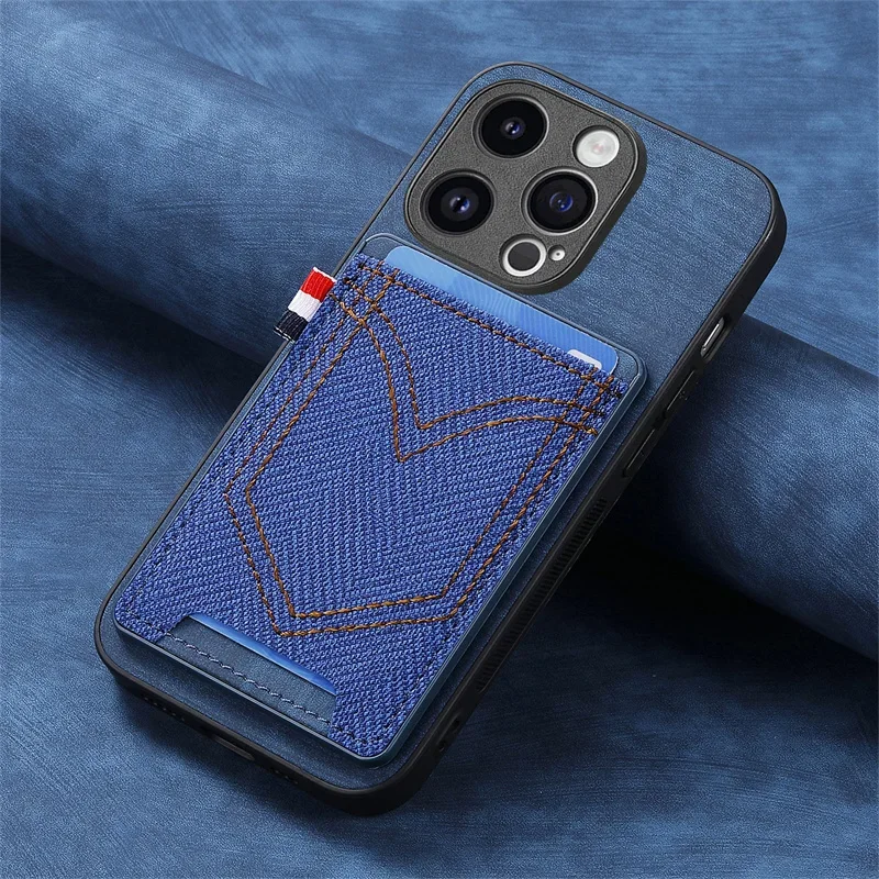 Magnet Case For iPhone 14 15 13 12 11 Pro Max Plus X XS XR 7 8 SE 2024 2022 Retro Jeans Heavy Wallet Card Shockproof Cover Case