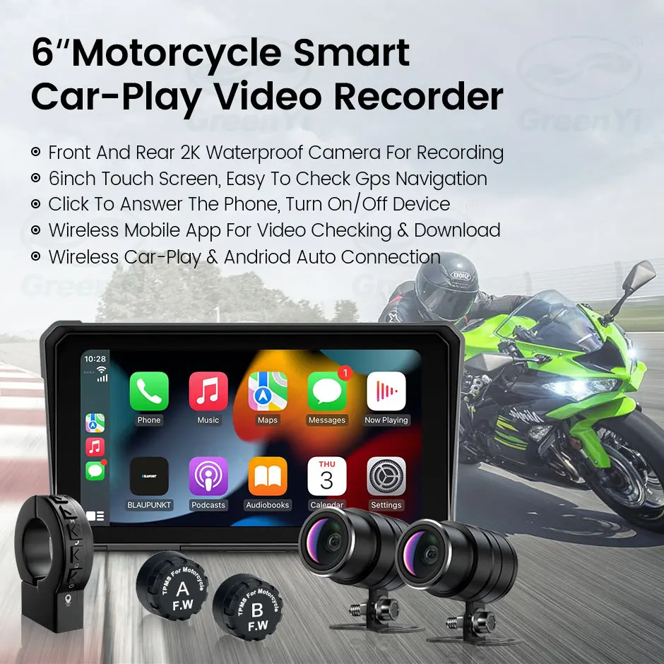 GreenYi 6'' Wireless Apple Carplay 2K HD Motorcycle DVR GPS Track Navigation Android Auto IP68 Waterproof Camera Portable Device