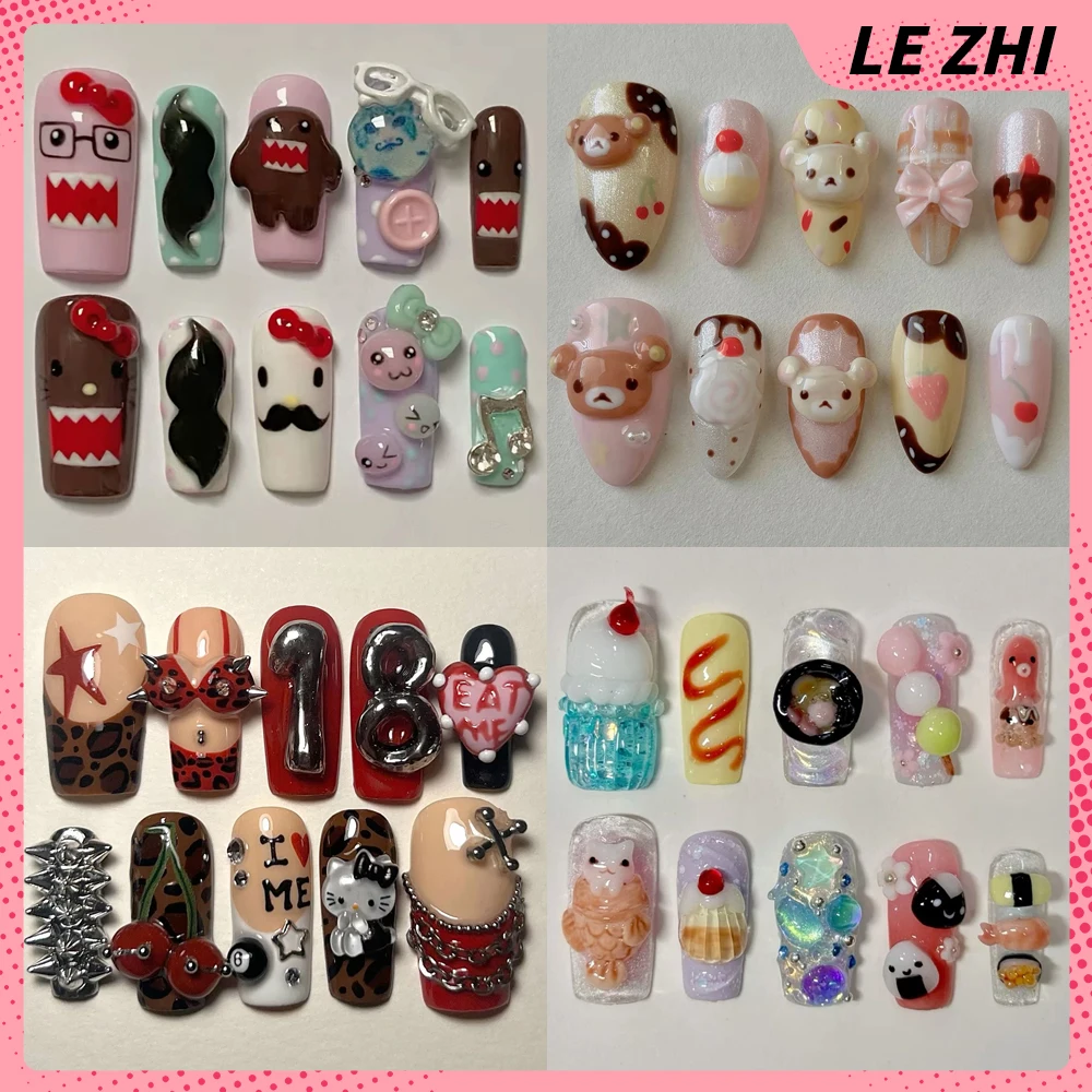 3D Handmande Hellokitty Bear Press On Nail Art Y2K Spice Girls Cartoon Gel Glitter Acrylic Nail Sticker Customizable Girl Gift