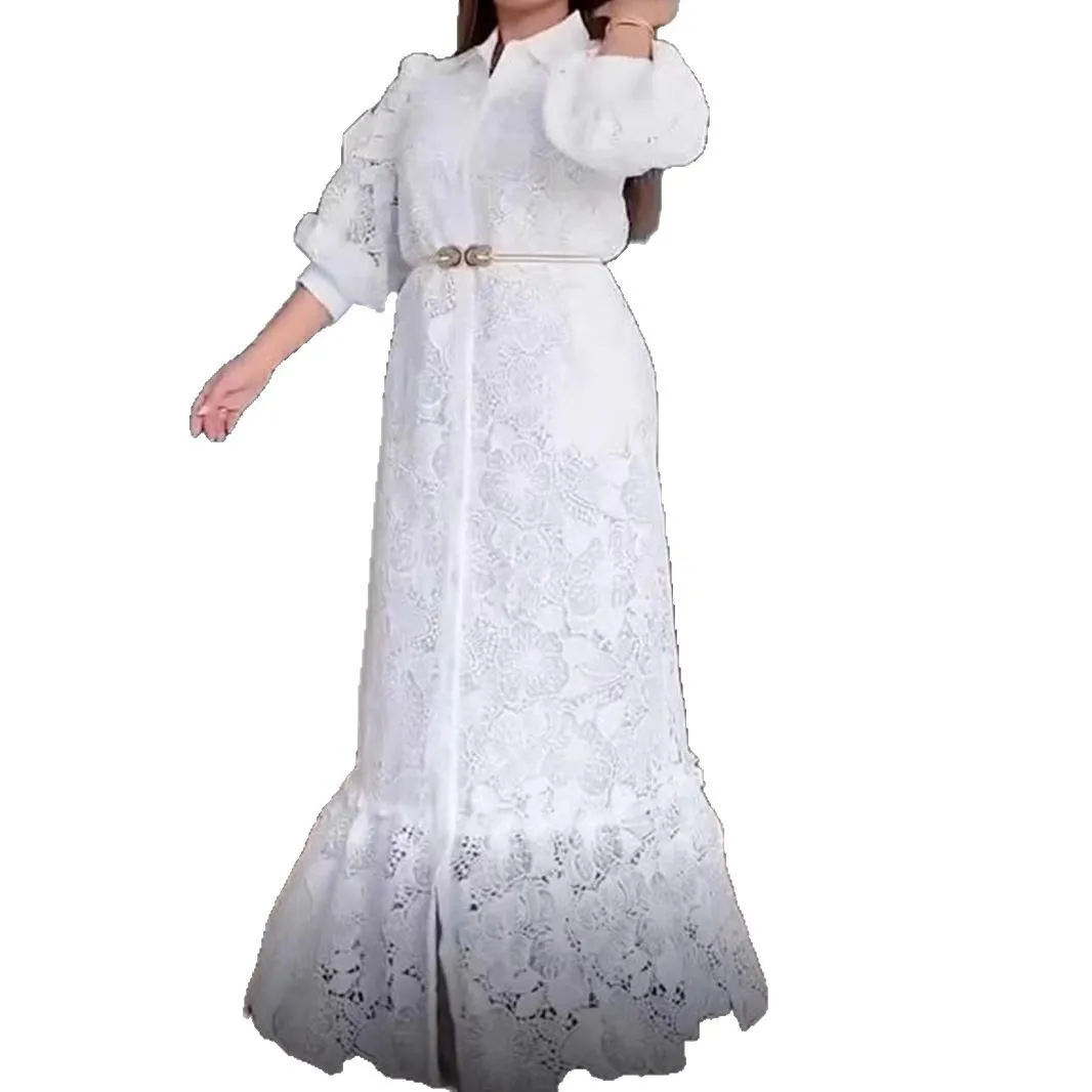 쓰리 시스터즈 2025년 가을 신상 솔리드 컬러 우아한 긴팔 버튼 레이스 카디건 하이웨이스트 셔츠 칼라 드레스 여성