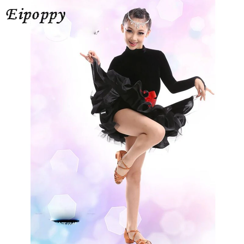 ชุดซัลซ่าสำหรับเด็กชุดลาตินสีดำเกรดสูงสำหรับเด็กผู้หญิงชุดเดรสเต้นรำเสื้อลูกไม้แขนยาวสง่างามชุดเดรสเต้นรำละติน