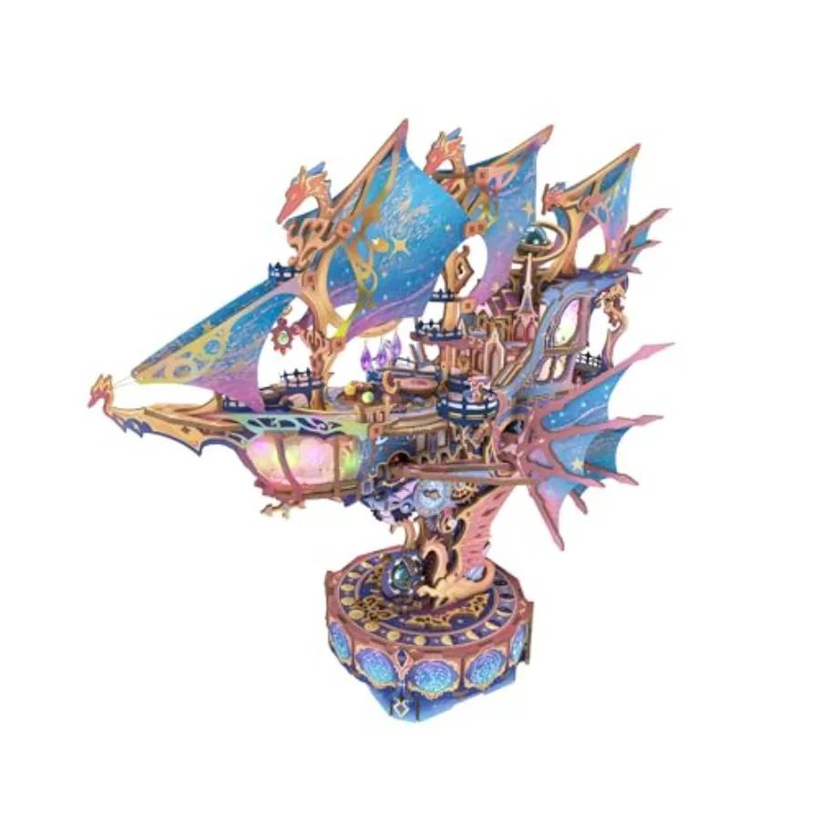 

3D Wooden Puzzle Airship Model Kit, DIY Transmission Model Fantasy Ship Spaceship with Music, Movable Building Kit Starlight Cr