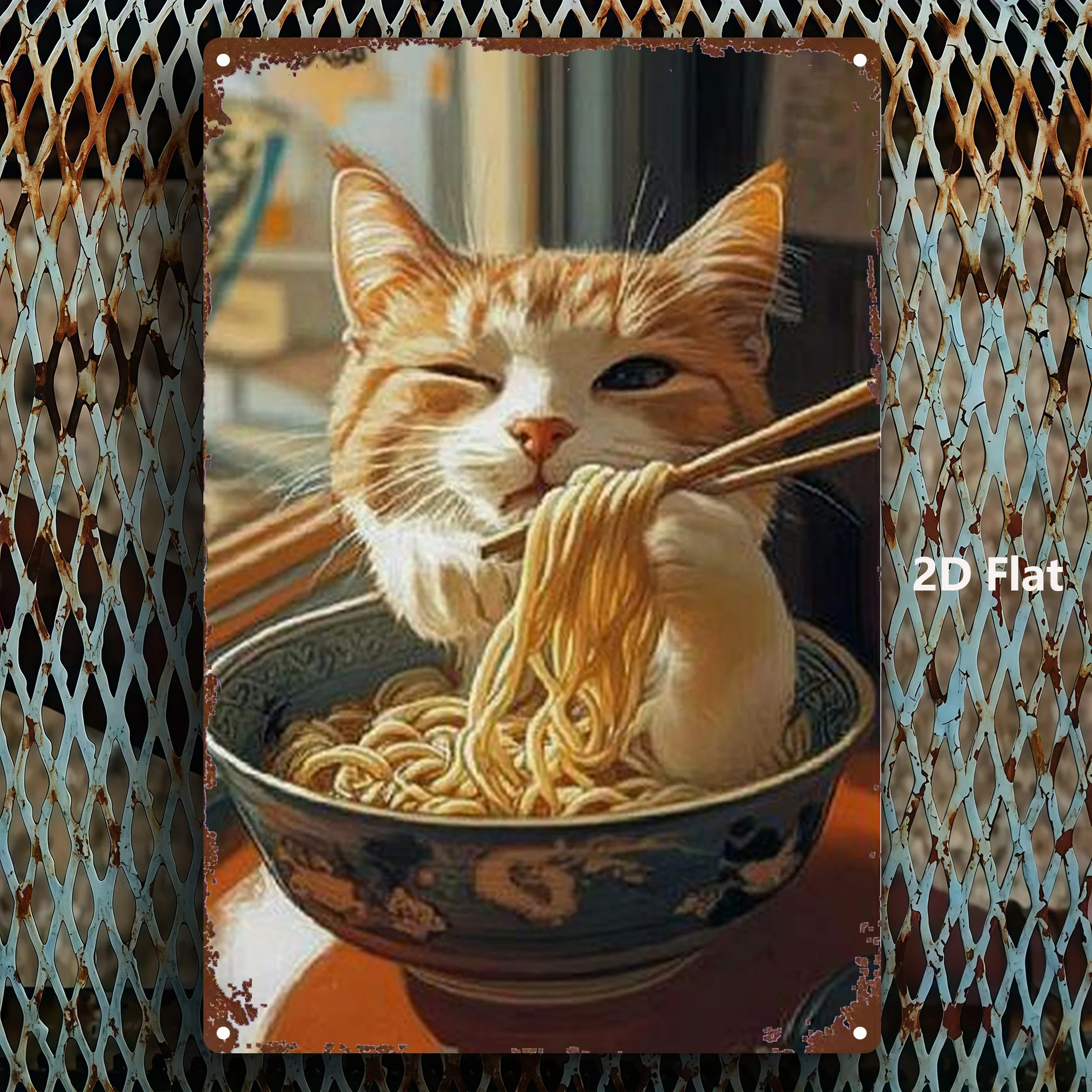 Arte de pared de metal con fideos para comer gato de jengibre japonés vintage - Tabby amarillo en cuenco con palillos - Decoración de hierro duradera