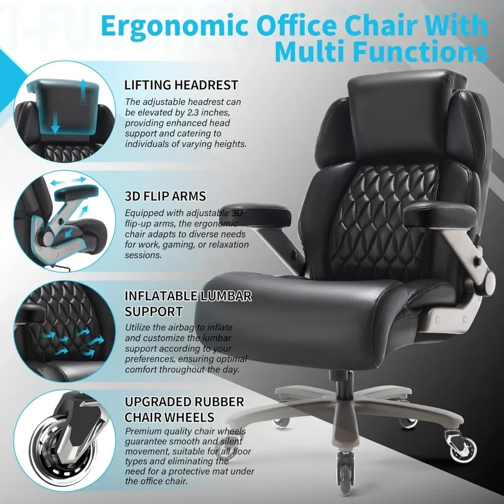 Big and Tall Office Chair 500lbs - Adjustable Headrest&Lumbar Support,3D Flip Arms,Large Wheels &Heavy Duty Metal Base,Ergonomic