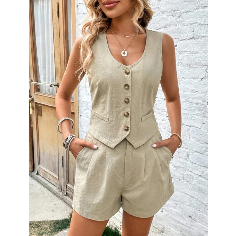 Cotton Shorts Sets for Women 2 Pieces Sexy Sleeveless Single Breasted Vest Top + Shorts Suit Elegant Office Lady Tracksuit