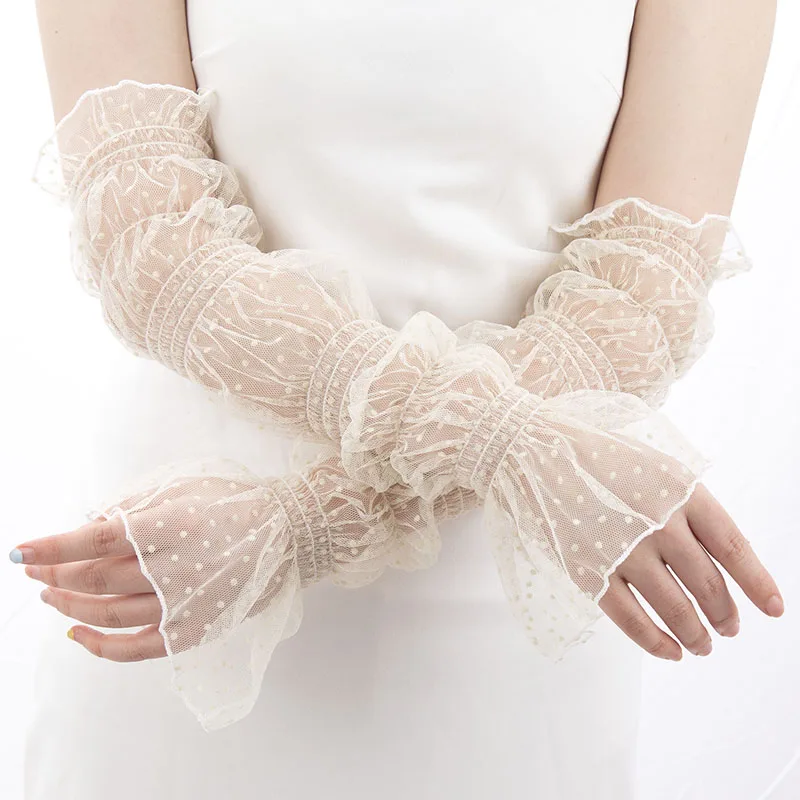 Women Thin Lace Breathable Arm Sleeves Cover Lolita Style Mesh Fingerless Gloves Long Arm Sleeves Beige Driving Accessories