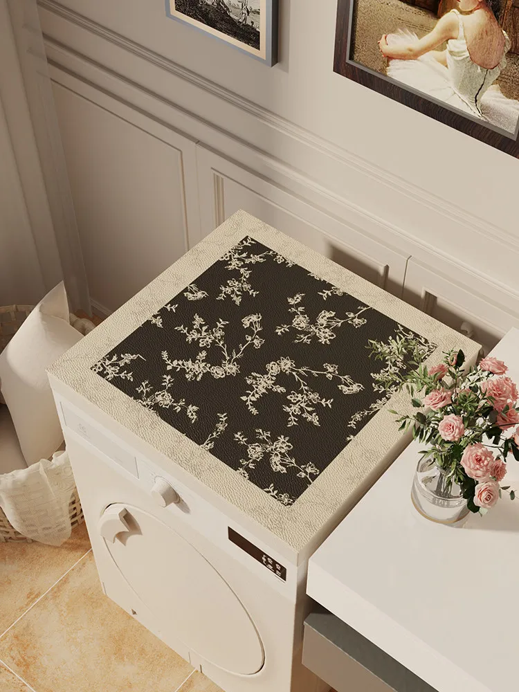 VIKAMA French Tiny Floral Washing Machine Top Mat Black Lace Border Waterproof Anti Dust Dryer Cabinet Surface Pad