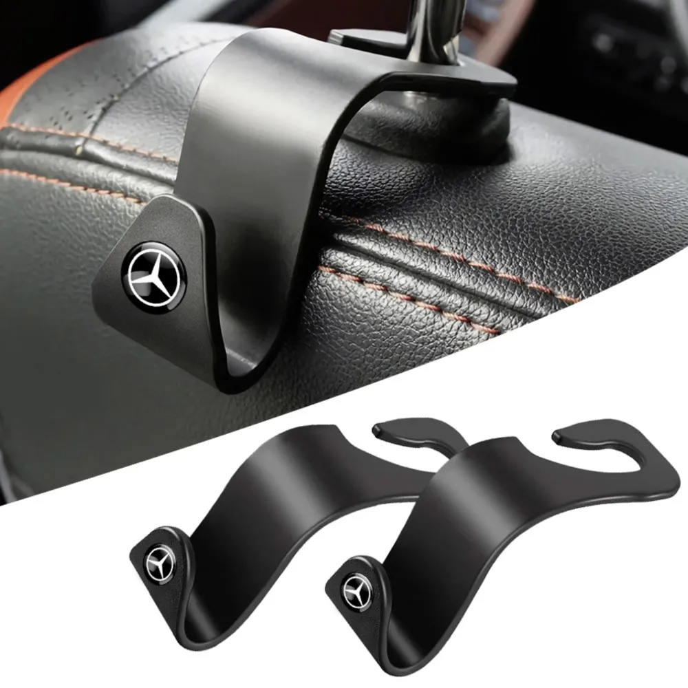 2/4Pcs Car Headrest Hooks Hanger For Bags Seat Back Organizer Holder Clips Auto Fastener Hooks for Mercedes Benz AMG Emblem Logo