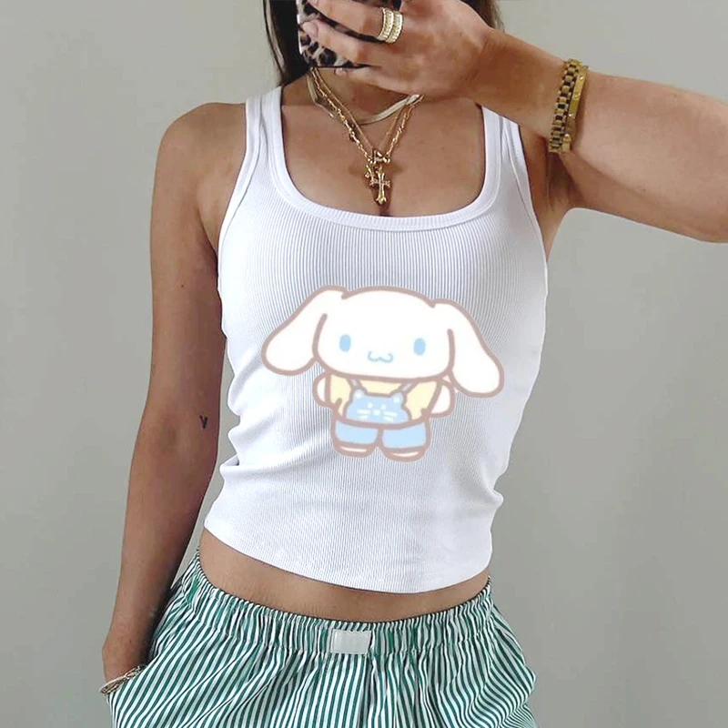 Summer New Anime Y2K Sanrio Cinnamoroll Short Vest T-shirt  Printed Sleeveless Casual Clothing T-Shirt Tank Top