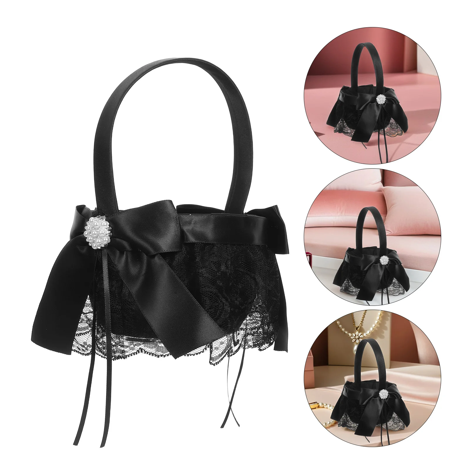

Black Flower Girl Basket Elegant Handwoven Handle Romantic Floral Petal Holder Wedding Ceremony Rustic Modern Wedding Supplies