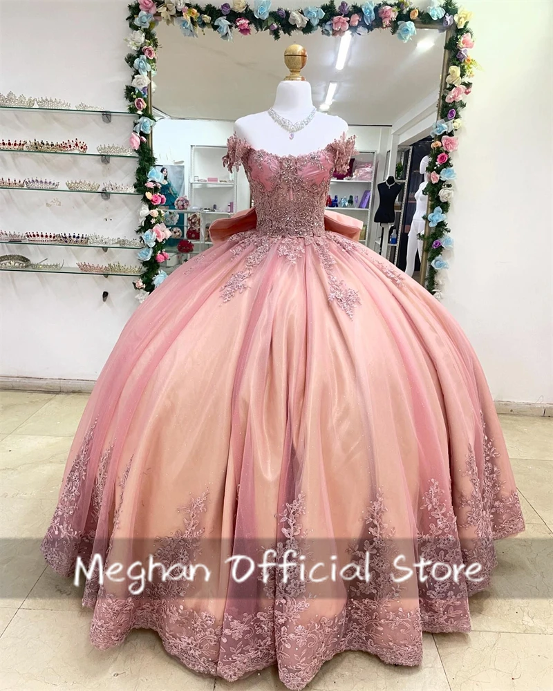 Vestido de quinceañera rosa de México con hombros descubiertos, vestido de baile, apliques de cuentas, vestido de fiesta de cumpleaños, vestidos de noche con lazo