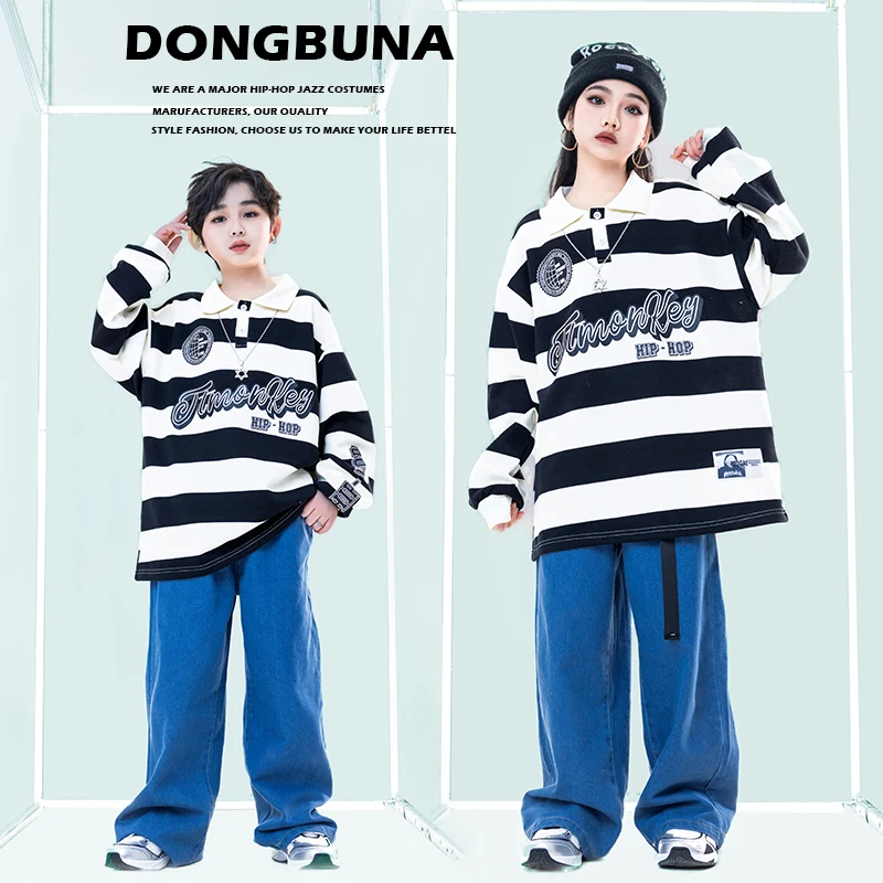 Kids Hip Hop Clothing Street Outfits Stripe Sweatshirt Casual Denim Baggy Cargo Pants for Girl Jazz Dancewear Costumes Clothes