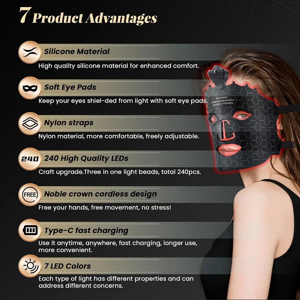 7-Farben LED-Gesichtsmaske Lichttherapie Rotlichttherapiemaske für das Gesicht zu Hause, LED-Gesichtsmaske Lichttherapie Schönheitsmaske – Detail 5