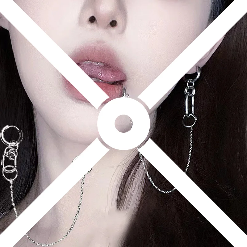 Pendiente de Clip de labio con Piercing falso de estilo fresco, pendientes vinculados con cadena Punk, anillo de labio con bisagras para mujeres y hombres, accesorios de joyería de moda